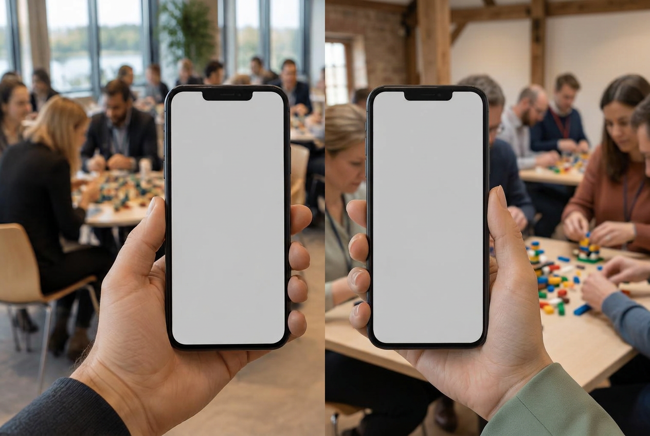 To smartphones i forskellige workshopmiljøer med Strategy in Plays deltagerflow